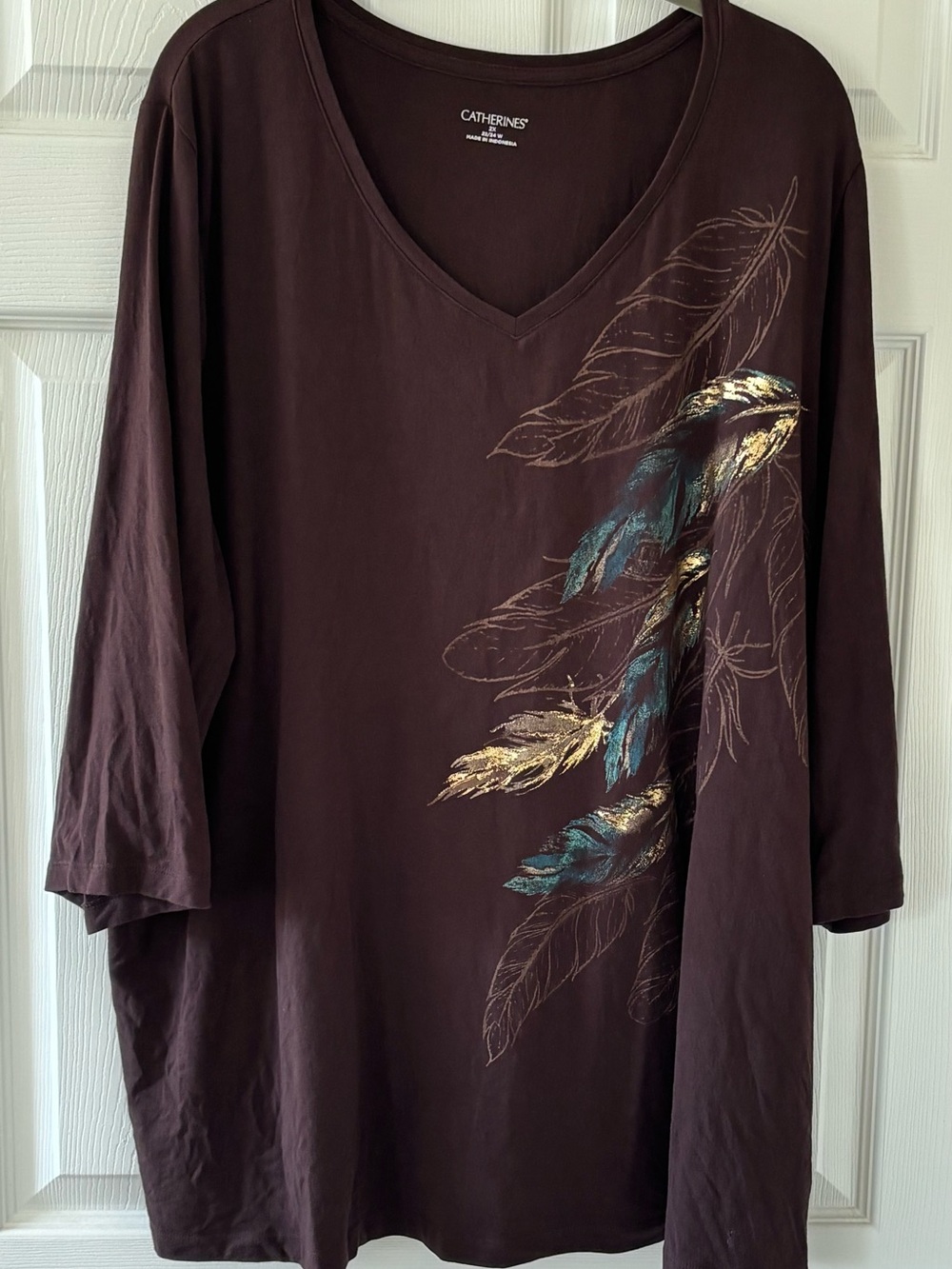 Catherines Chocolate Brown V-Neck 3/4 Sleeve Top with Metallic Feather Detail